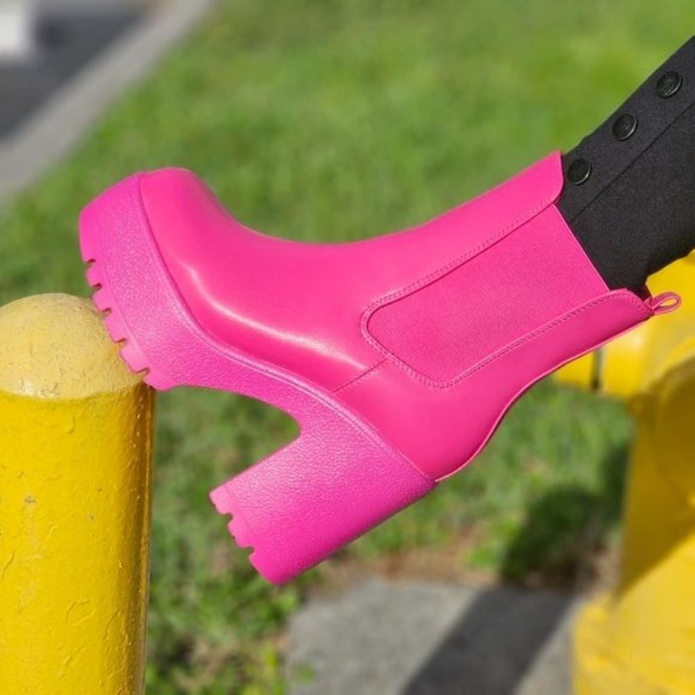 Women's Platform Heel Boots Chunky Ankle Pink Color - Picture 4 of 7